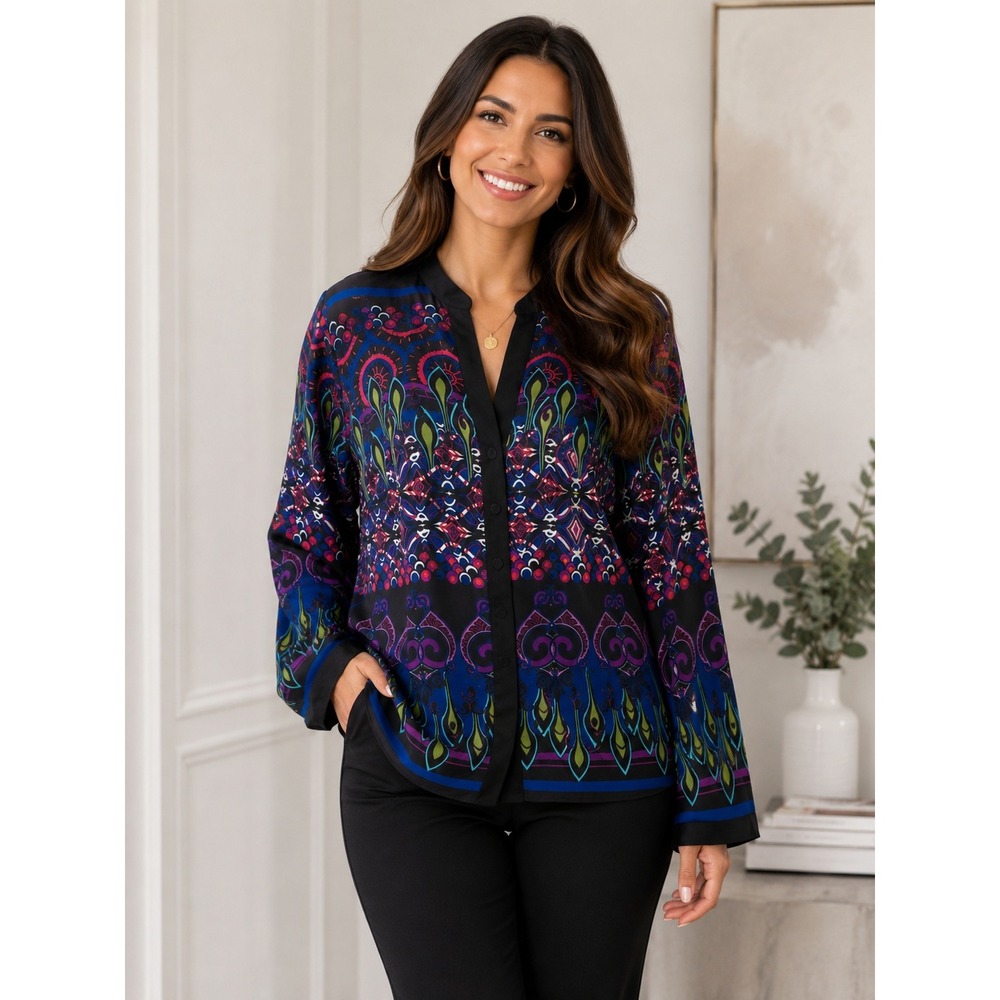 Bohemian Kaleidoscopic Print Chiffon Button Up Blouse Blue‎ Magenta Green L